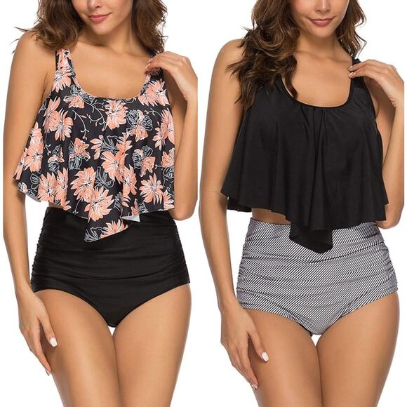 NWOT Amazon Bathing Suits Ruffled Flounce Top & High Waisted Bottom BUNDLE Sz M - Picture 1 of 6